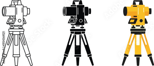 Set of surveying levels on tripods outline silhouette and color vector illustrations for construction and engineering concepts