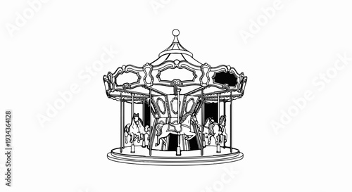 Ornate carousel with horses, detailed line drawing, black and white, festive