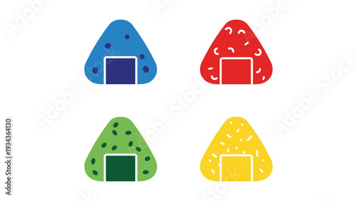 Four colorful triangular shapes with small rectangular cutouts and design variations