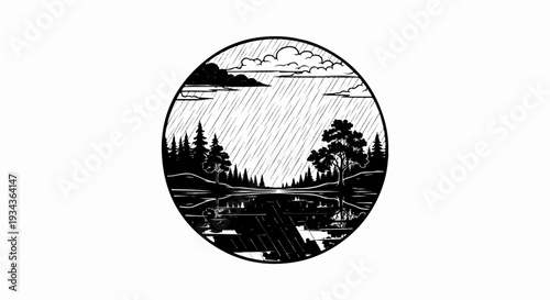 Rainy day scene with a forest and reflective water in a circular frame