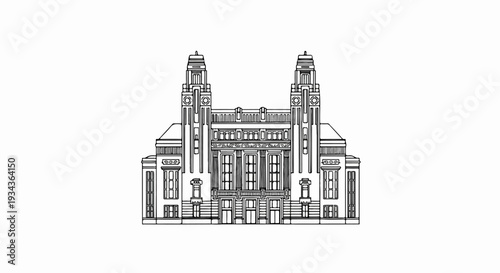 Ornate facade with twin towers and detailed windows, rendered in line art