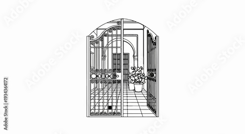 Ornate gate opens to a courtyard with potted plants