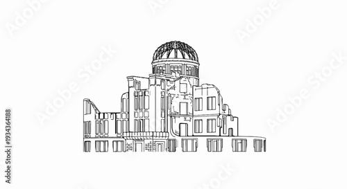Outline of a domed building with damaged walls and windows, rendered in black and white