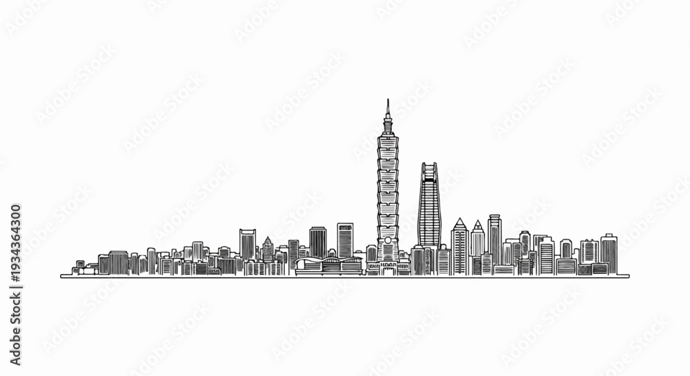 Obraz premium Simple line drawing of a modern city skyline with a prominent tall tower