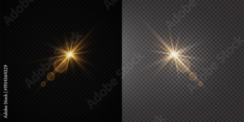 Glowing Golden Star Light Effect with Sparkle Rays and Lens Flare Illumination on Transparent Background