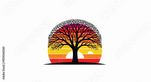 Silhouette of a bare tree against a colorful sunset with layered bands of color