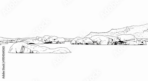 Sketch of icebergs floating in calm water with distant mountains