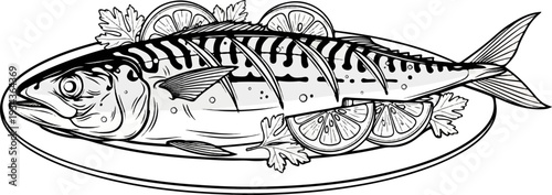 Detailed sketch of a whole grilled fish garnished with lemon slices and parsley on a platter