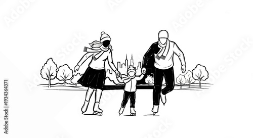 Sketch of a family ice skating in front of a city skyline