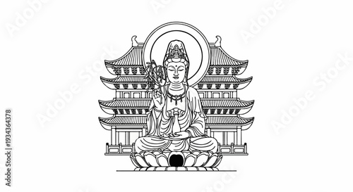 Sitting Buddha statue with elaborate tiered pagoda behind it