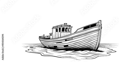 Sketch of an old wooden fishing boat grounded on a sandy shore