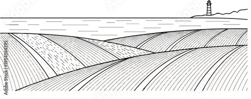 Stylized depiction of rolling fields leading to a coastline with a lighthouse