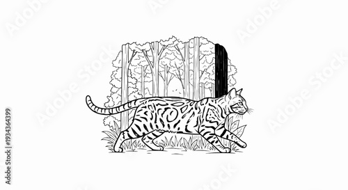 Stylized feline with unique spots walks through a forest setting