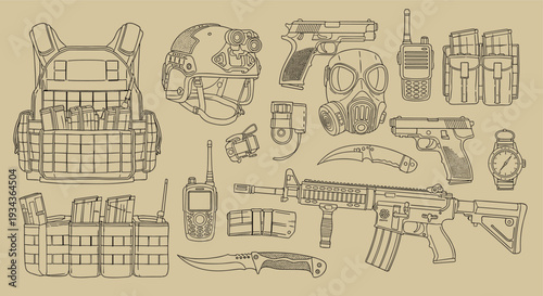 Tactical Gear Collection Military Equipment Assault Rifle Pistol Gas Mask Body Armor Combat Knife and Radio Communication Devices