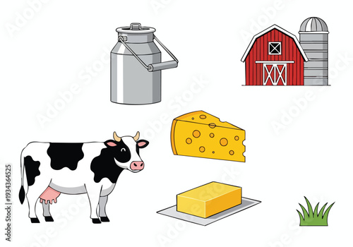 Farm Fresh Dairy Products A Whimsical Illustration Featuring a Cow, Milk Can, Cheese, Butter, Barn, and Grass