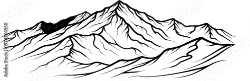 Stylized black and white sketch of a jagged mountain range