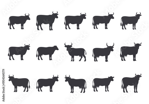 A clean, minimalist, and artistic illustration featuring a grid of cows in silhouette, each facing left with subtle variations in pose and stance