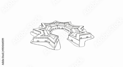 Stylized black and white sketch of a star-shaped fort with angular walls and openings