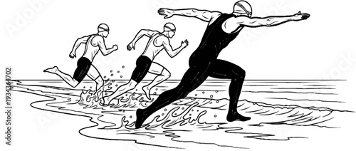 Three swimmers race towards the water, one leading the pack