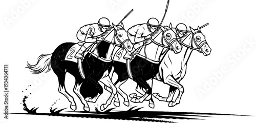 Three jockeys on horses race forward with dust flying from their hooves