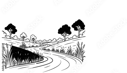 Winding rural road passes through grassy hills with trees and reeds