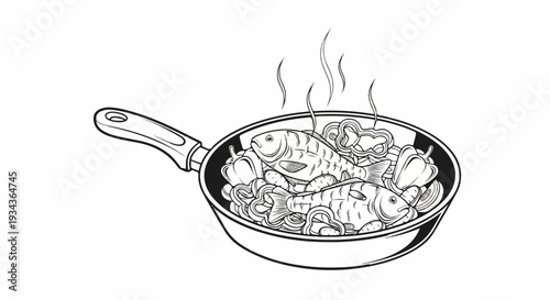 Two fish cooking in a pan with vegetables and steam rising