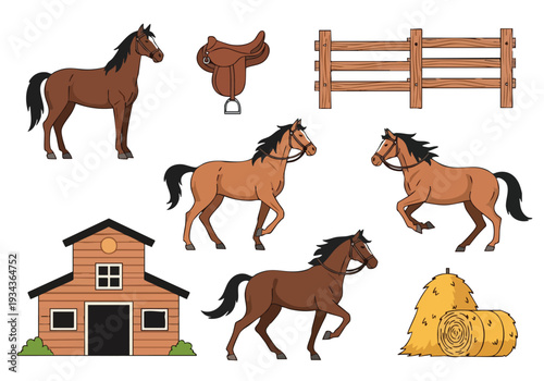 Collection of illustrations featuring horses, a saddle, a wooden fence, a barn, and hay bales for equestrian themes