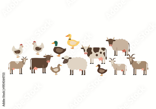 Collection of farm animals including cows, chickens, sheep, ducks, and goats standing together in a group