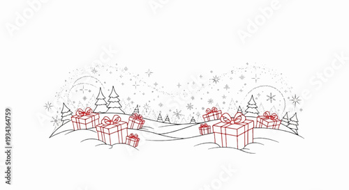 Winter wonderland with snow-covered hills, festive trees, and wrapped gifts