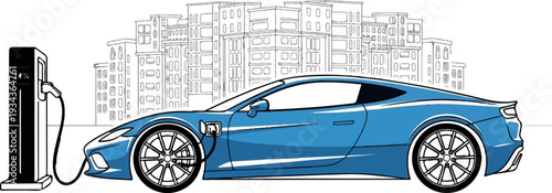 Blue electric car charging next to city buildings