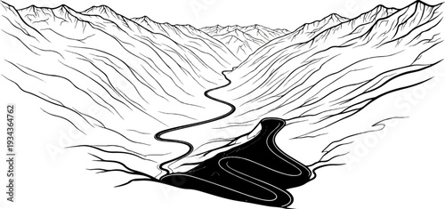 Winding road through a steep, mountainous valley, illustrated in black and white