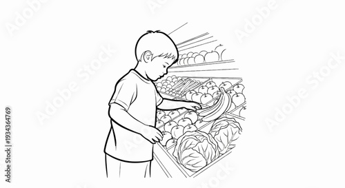 Boy selects produce at a market display with apples, bananas, and cabbage