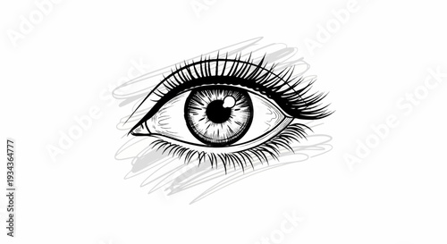 Black and white sketch of an open eye with long lashes and iris detail