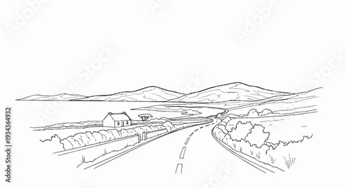 A winding road leads through a pastoral landscape towards distant hills