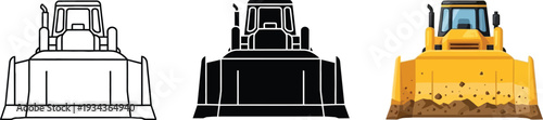 Set of bulldozer icons including line art silhouette and full color vector illustrations for construction and heavy machinery concepts