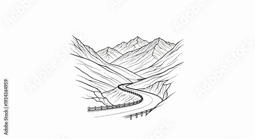 A winding road descends through rugged, jagged mountains in a sketch