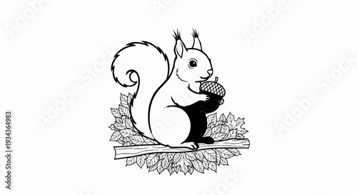 A whimsical drawing of a squirrel holding an acorn on a branch surrounded by leaves