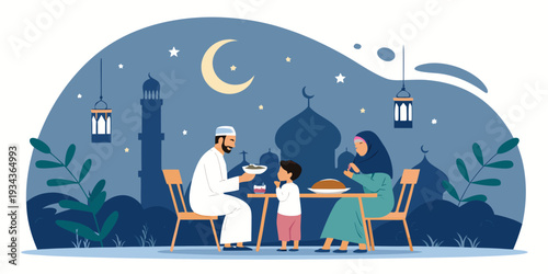Ramadan night scene with a happy family eating Iftar together, family eating suhoor together vector illustration