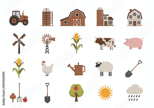Set of farm animals and elements, depicting agriculture, rural life, and harvesting, perfect for educational and decorative purposes