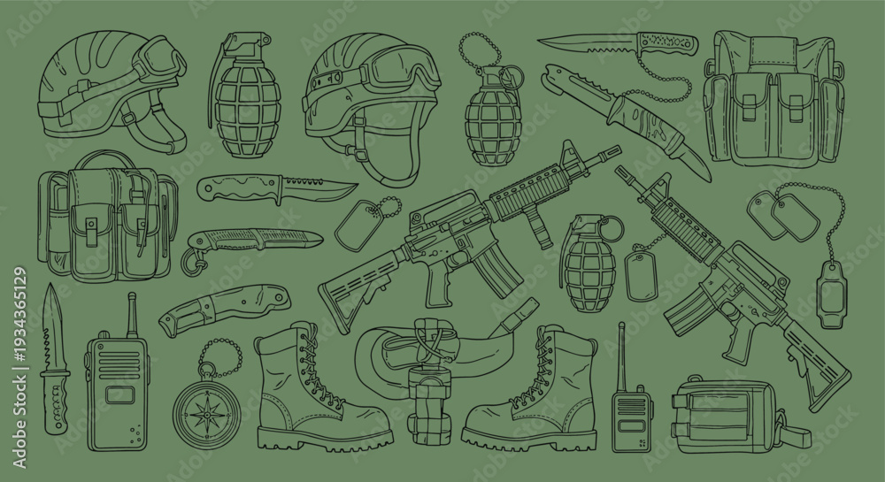 Obraz premium Collection of military equipment and tactical gear including helmets grenades rifles boots and communication devices on a green background