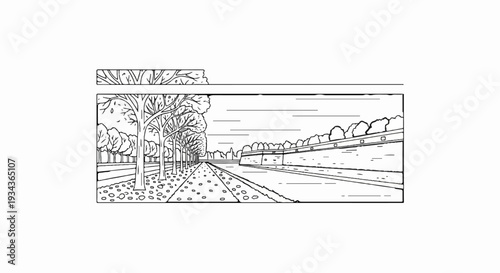 A picturesque path lined with trees, leading to a canal with a wall