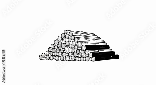 A pyramid-shaped stack of logs drawn in black and white outline