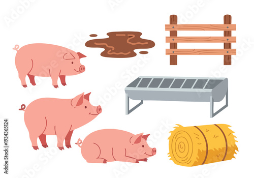Farm animal illustration featuring pigs, hay bale, feeding trough, wooden fence, and muddy puddle, symbolizing rural agriculture and livestock