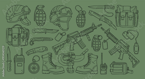 Collection of military equipment and tactical gear including helmets grenades rifles boots and communication devices on a green background