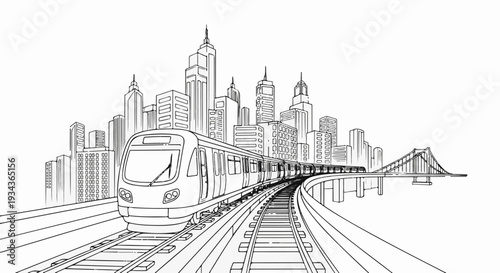 A modern train travels on tracks through a city skyline with a bridge