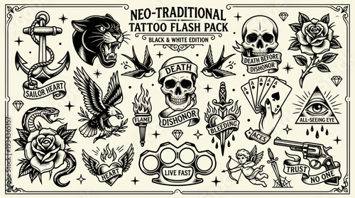 Vintage neo traditional tattoo flash set featuring skull eagle panther and anchor vector illustration
