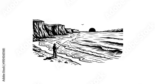 A lone figure casts a fishing line into the ocean near a rocky coastline at sunset