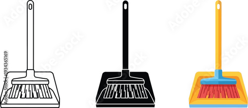 Set of broom and dustpan icons including outline silhouette and color vector illustrations for cleaning concepts