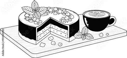 A layered dessert with a mint garnish sits beside a latte on a wooden board