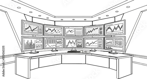 A curved desk displays multiple monitors showing financial charts